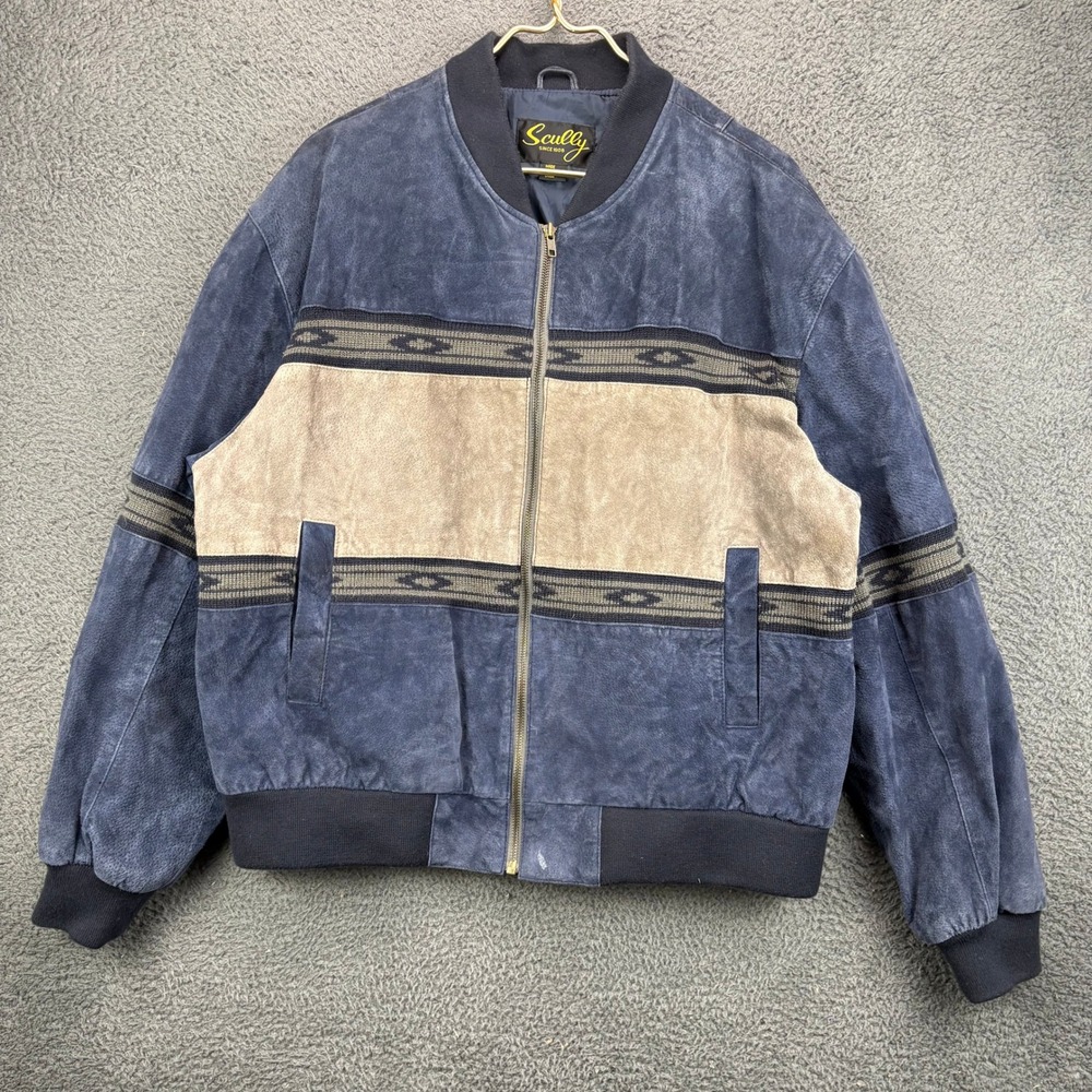 Scully Mens Blue Tan Suede Leather Southwestern Aztec Bomber Jacket Large